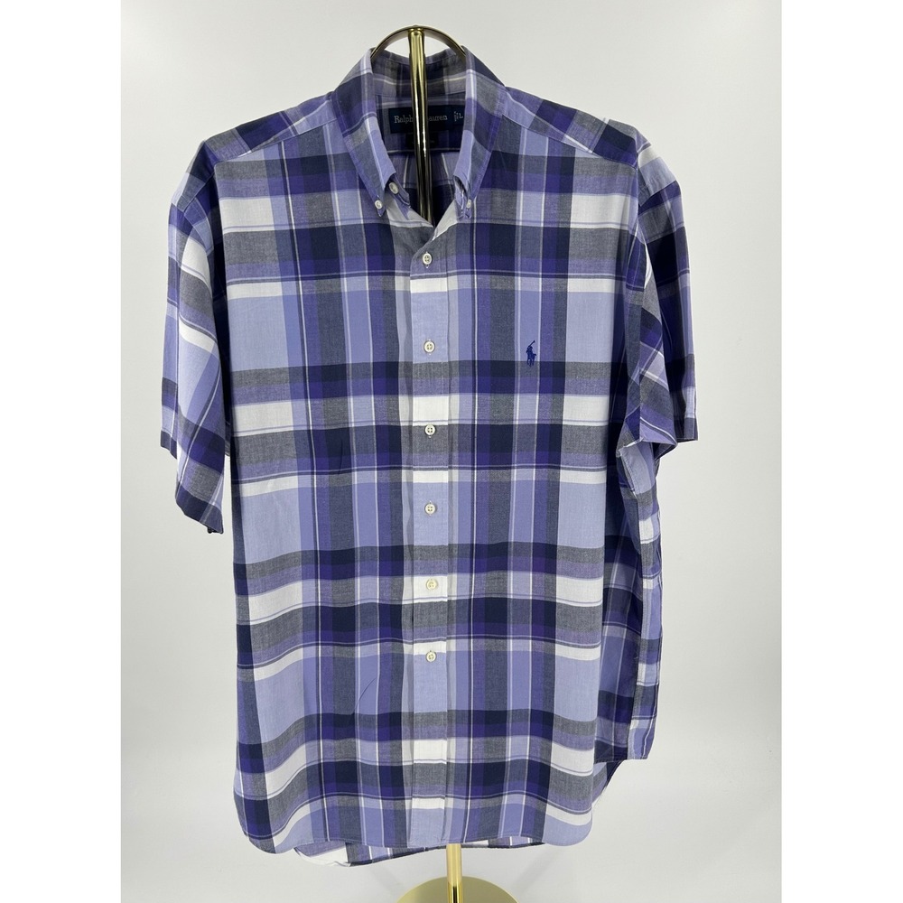 Polo Ralph Lauren Blake Mens Large Purple Plaid Cotton Short Sleeve Button Down